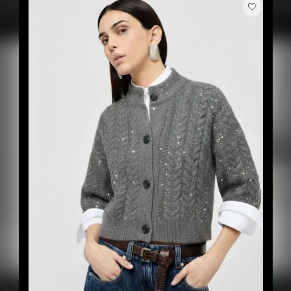 Something Navy Charcoal Gray Embroidered Cable Knit Embellishments Cardigan